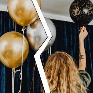 Cracked image of a New Year's photo with a women and balloons